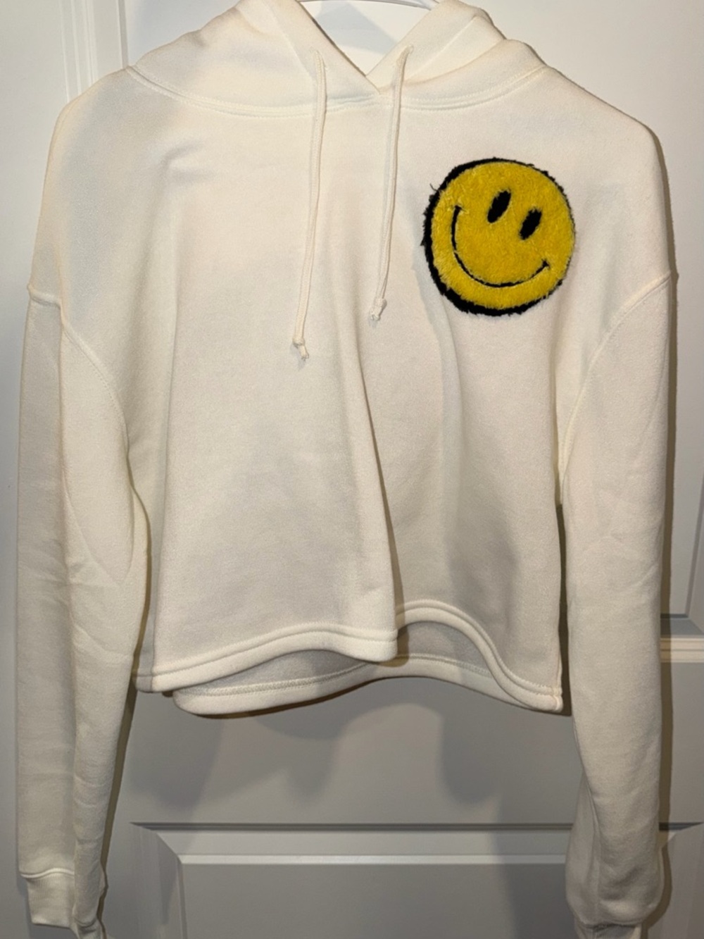 Cream Hoodie with Yellow Smiley Patch - Women's Pullover